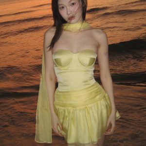 Yellow Satin Strapless A-Line Dress for Women | Slim Fit Vacation Style | Trendy Summer Look | Perfect for Semporna Island Getaway