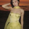 Yellow Satin Strapless A-Line Dress for Women | Slim Fit Vacation Style | Trendy Summer Look | Perfect for Semporna Island Getaway