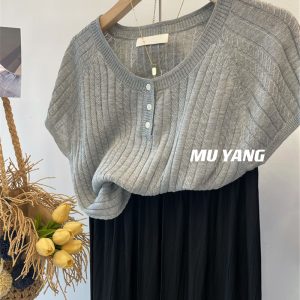 Yellow Twisted Short Sleeve Knitted Top for Women, Loose-Fitting Flying Sleeve Blouse, Stylish Chic Design
