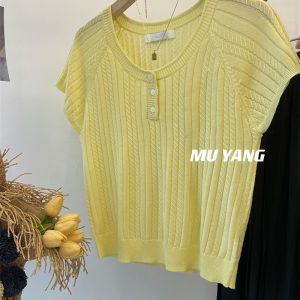 Yellow Twisted Short Sleeve Knitted Top for Women, Loose-Fitting Flying Sleeve Blouse, Stylish Chic Design