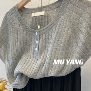Yellow Twisted Short Sleeve Knitted Top for Women, Loose-Fitting Flying Sleeve Blouse, Stylish Chic Design