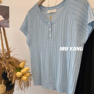 Yellow Twisted Short Sleeve Knitted Top for Women, Loose-Fitting Flying Sleeve Blouse, Stylish Chic Design
