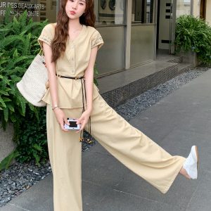 Yellow V-Neck Artistic Temperament Shirt & Wide-Leg Pants Set for Women, Slimming Summer 2025 Two-Piece Outfit, Trendy Style