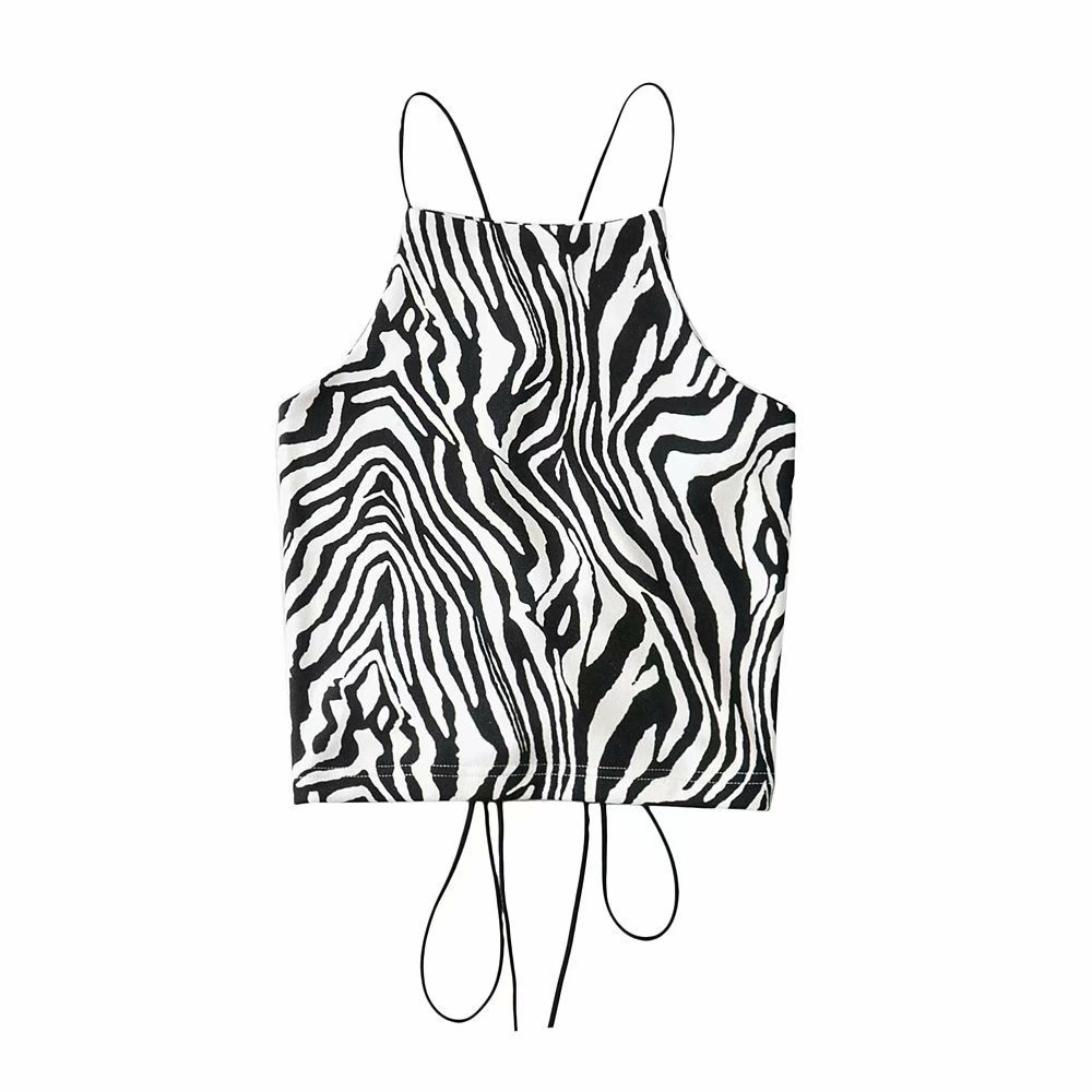 Zebra Print Halter Crop Top - Backless Tie-Up Design, Sexy European & American Style, Trendy Y2K Fashion