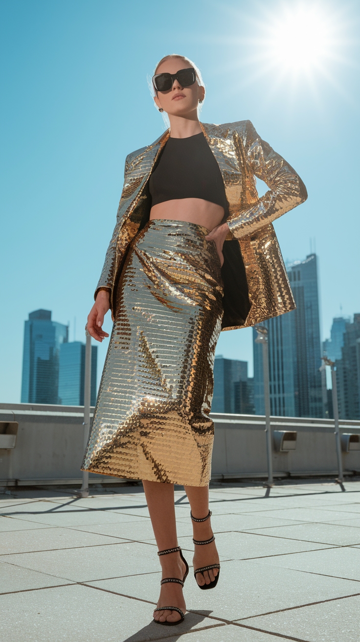 Glam Up with a Gold Metallic Skirt Outfit outfit idea
