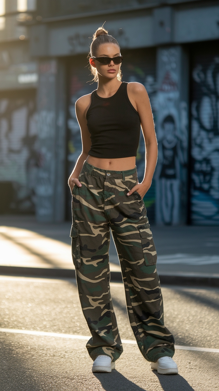 Styling Low Rise Camo Cargo Pants for a 90s Vibe outfit idea