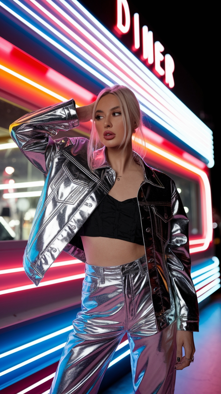 Trendy Metallic Denim Outfit for a 90s Revival outfit idea