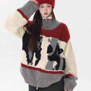 New Style Trends - Abstract Retro Knit Zip-Up Cardigan - Outfit Ideas