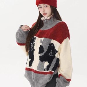 New Style Trends - Abstract Retro Knit Zip-Up Cardigan - Outfit Ideas
