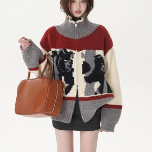 New Style Trends - Abstract Retro Knit Zip-Up Cardigan - Outfit Ideas