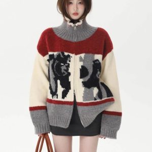 New Style Trends - Abstract Retro Knit Zip-Up Cardigan - Outfit Ideas
