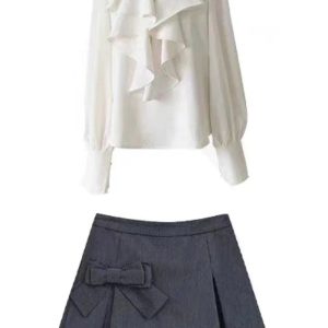 New Style Trends - Acubi Elegant Ruffle Blouse and Bow Skirt Set - Outfit Ideas