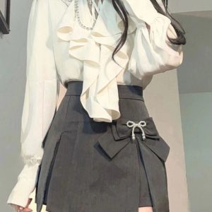 New Style Trends - Acubi Elegant Ruffle Blouse and Bow Skirt Set - Outfit Ideas
