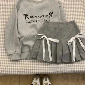 New Style Trends - Acubi Romantic Ribbon Sweatshirt and Skirt Outfit Set - Outfit Ideas