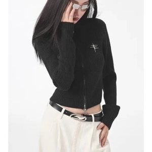 New Style Trends - Acubi Y2k Fall Ribbed Zip-Up Turtleneck Cardigan - Outfit Ideas