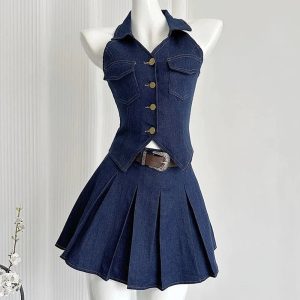 New Style Trends - Aesthetic Denim Diva Pleated Skirt Outfit Set - Outfit Ideas
