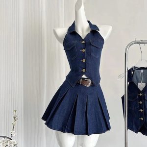 New Style Trends - Aesthetic Denim Diva Pleated Skirt Outfit Set - Outfit Ideas