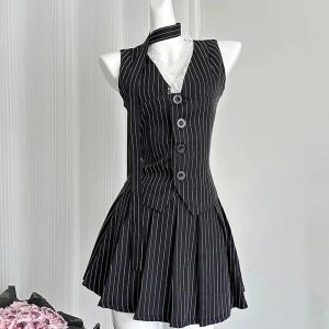 New Style Trends - Aesthetic Elegant Pinstripe Lace-Up Skirt Outfit Set - Outfit Ideas