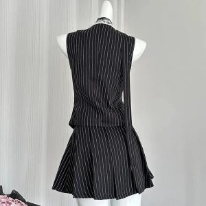 New Style Trends - Aesthetic Elegant Pinstripe Lace-Up Skirt Outfit Set - Outfit Ideas