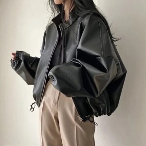 New Style Trends - Aesthetic Fall Oversized Faux Leather Bomber Jacket - Outfit Ideas