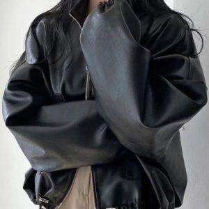 New Style Trends - Aesthetic Fall Oversized Faux Leather Bomber Jacket - Outfit Ideas