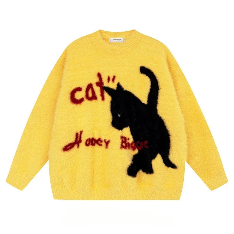 New Style Trends - Aesthetic Fuzzy Black Cat Knit Sweater - Outfit Ideas