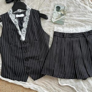 New Style Trends - Aesthetic Pinstripe Vest and Skirt Outfit Set - Outfit Ideas