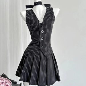 New Style Trends - Aesthetic Pinstripe Vest and Skirt Outfit Set - Outfit Ideas