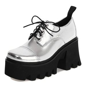 New Style Trends - Aesthetic Silver Platform School Shoes - Outfit Ideas