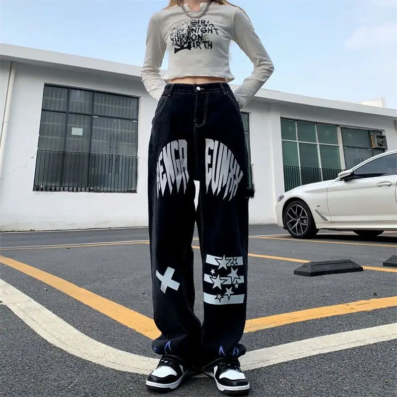 New Style Trends - Alt Black Star Print High Waist Jeans - Outfit Ideas