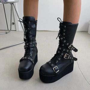 New Style Trends - Alt Lace Up Buckle Wedge Boots - Outfit Ideas