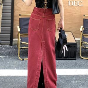 New Style Trends - Alt Red Denim Elegance Floor-Length Skirt - Outfit Ideas