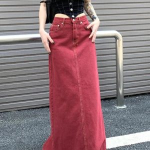 New Style Trends - Alt Red Denim Elegance Floor-Length Skirt - Outfit Ideas