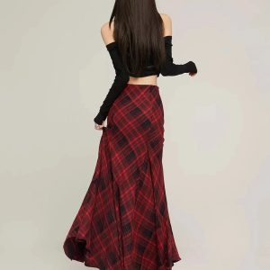 New Style Trends - Alt Retro Red Plaid Mermaid Maxi Skirt - Outfit Ideas