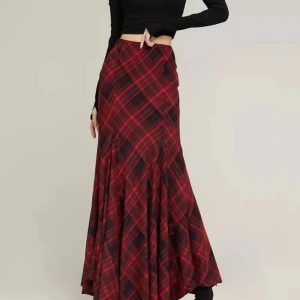 New Style Trends - Alt Retro Red Plaid Mermaid Maxi Skirt - Outfit Ideas