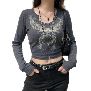 New Style Trends - Alt Rhinestone Flower Long Sleeve Top - Outfit Ideas
