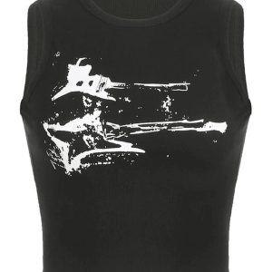 New Style Trends - Alt Y2k Distressed Graphic Ribbed Top - Outfit Ideas