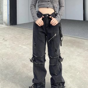New Style Trends - Black Gothic Y2K Denim Pants - Outfit Ideas