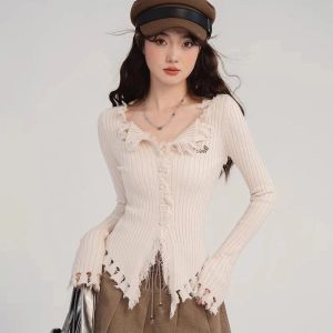 New Style Trends - Coquette Frayed Hem Ribbed Cardigan - Outfit Ideas