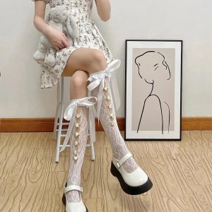 New Style Trends - Coquette Lace Mesh Fishnet Knee Socks - Outfit Ideas