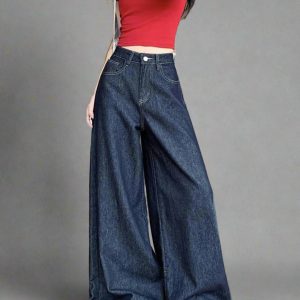 New Style Trends - Dark Wash Wide-Leg Y2k Denim Jeans - Outfit Ideas
