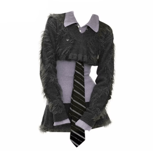 New Style Trends - Edgy Fuzzy Sweater Long Sleeve Outfit Set - Outfit Ideas