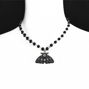 New Style Trends - Edgy Gothic Luna Moth Black Bead Necklace - Outfit Ideas