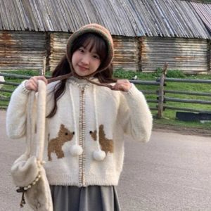 New Style Trends - Kawaii Cozy Puppy Pom-Pom Cardigan - Outfit Ideas