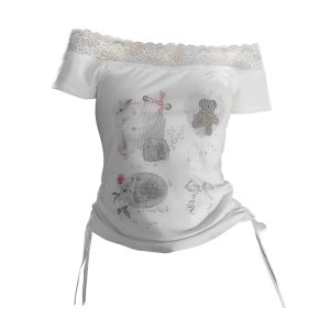 New Style Trends - Kawaii Lace-Trimmed Off-Shoulder Graphic Top - Outfit Ideas