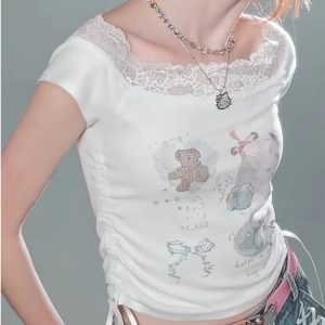New Style Trends - Kawaii Lace-Trimmed Off-Shoulder Graphic Top - Outfit Ideas