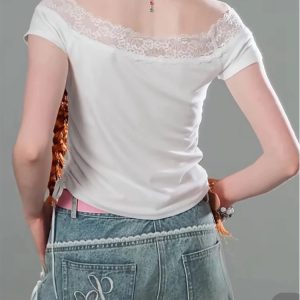 New Style Trends - Kawaii Lace-Trimmed Off-Shoulder Graphic Top - Outfit Ideas