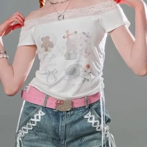 New Style Trends - Kawaii Lace-Trimmed Off-Shoulder Graphic Top - Outfit Ideas