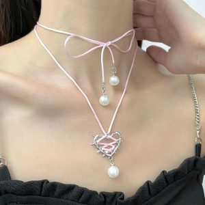 New Style Trends - Kawaii Pink Bow Metal Heart Necklace - Outfit Ideas