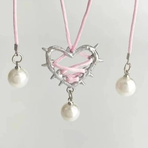 New Style Trends - Kawaii Pink Bow Metal Heart Necklace - Outfit Ideas